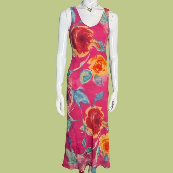 Vintage Dresses & Skirts - Vintage 90s Hot Pink Floral Rose Print Sleeveless Long Maxi Dress